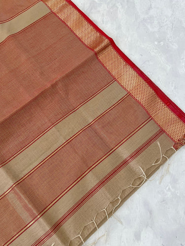 Maheshwari Cotton Silk Saree | Handloom Mark | Beige/Light Brown & Red | Ships from California